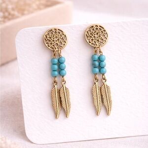 Gold Tone Dreamcatcher Feather Earrings | Turquoise Beaded Boho Dangle Earrings